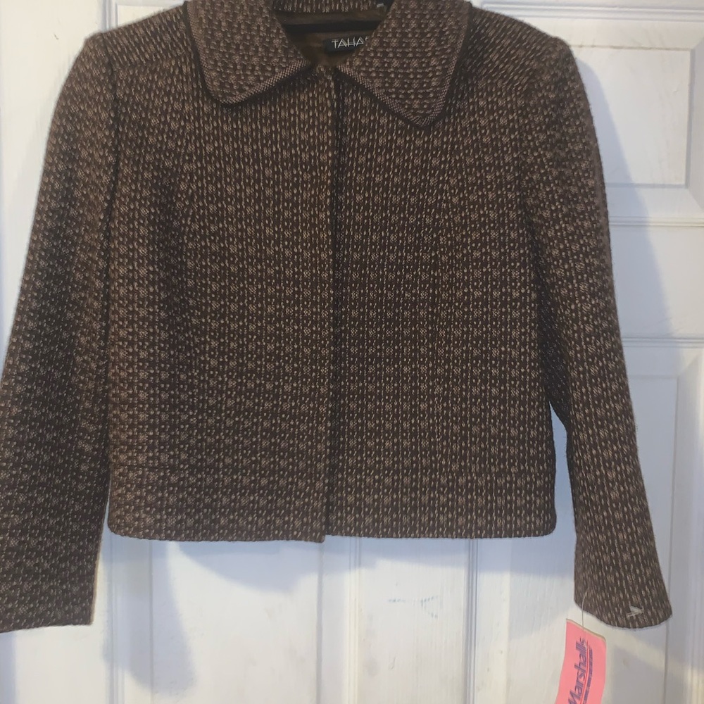 Tahari Brown Beige Wool Tweed Blend Jacket  sz8